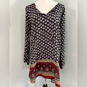 Living‎ Doll Navy and Cream Boho Tunic Top Long Sleeve with Red Accents